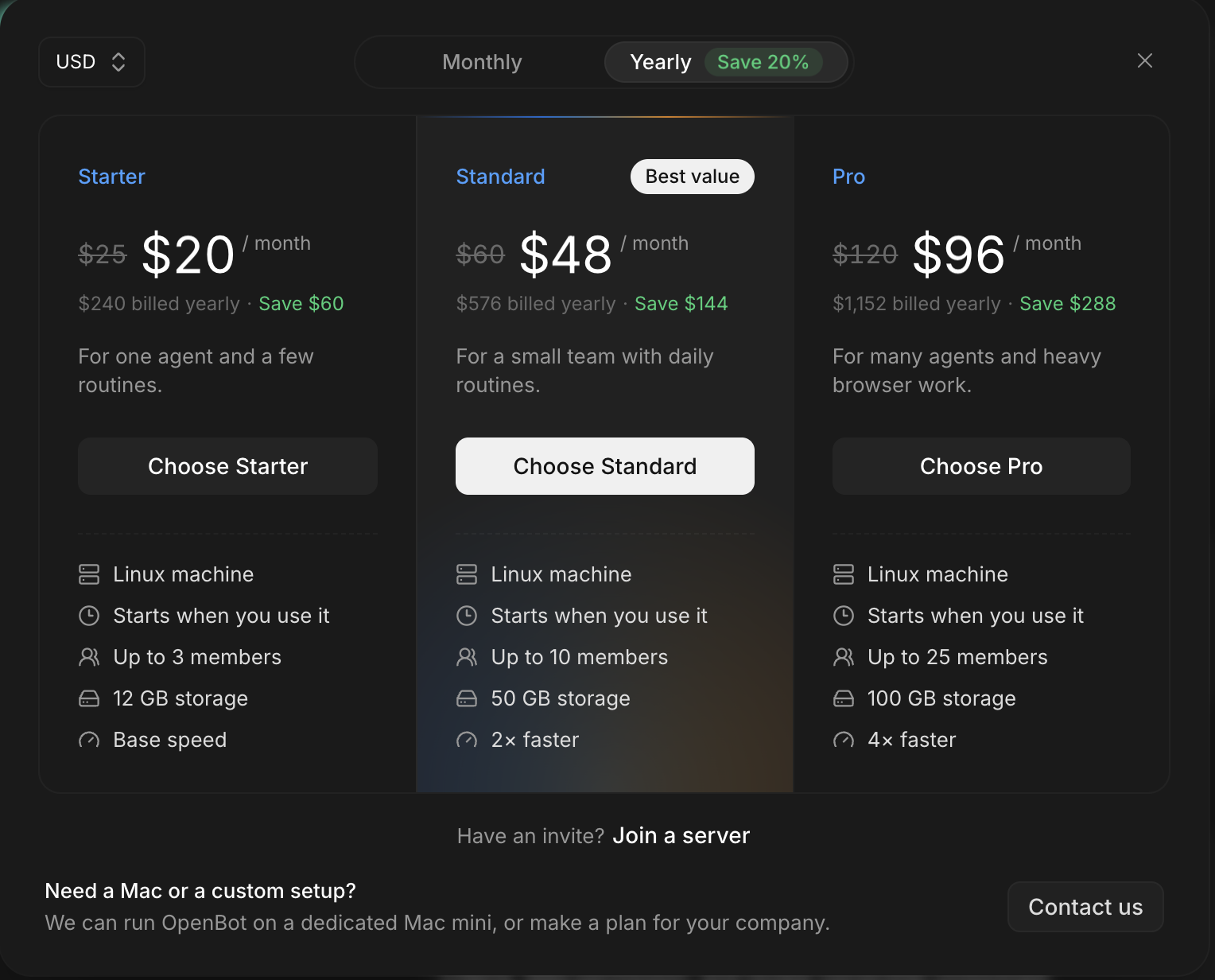 Oryn hosted server pricing with Starter, Standard, and Pro plans. The yearly billing option is selected, showing member limits, storage, and speed for each plan.